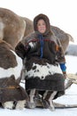 Boy Nenets reindeer herder sits on a sled